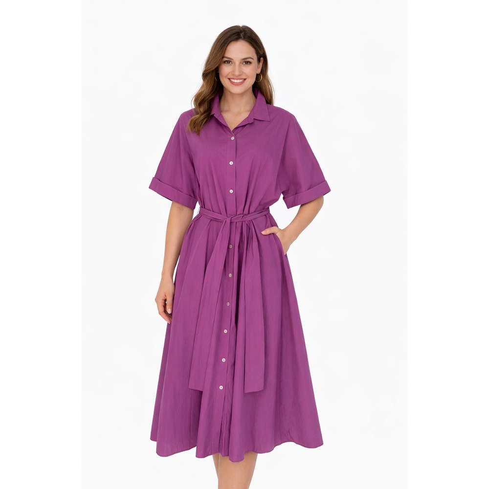 ZARA Purple Midi Shirt Dress Button Front Tie Waist Short Sleeve L Preppy 101-38